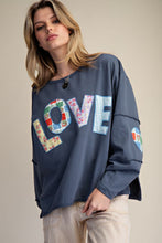 Load image into Gallery viewer, Easel Terry Knit LOVE Patched Top in Blueberry