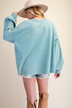 Load image into Gallery viewer, Easel Floral Patch Front Washed Terry Pullover in Dusty Blue