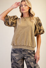Load image into Gallery viewer, Easel Washed Terry Knit Top with Textured Sleeves in Olive