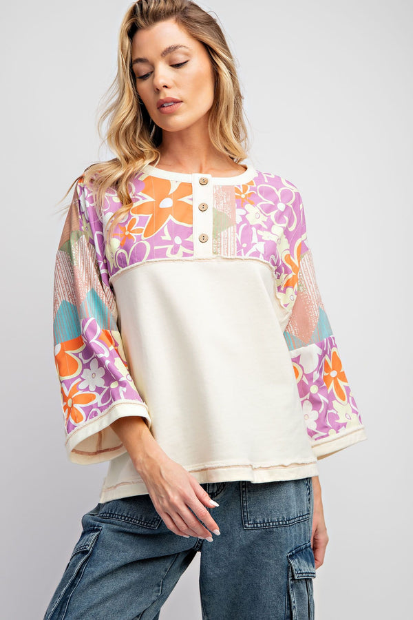 Easel Mixed Print Terry Knit Top in Ivory Shirts & Tops Easel   