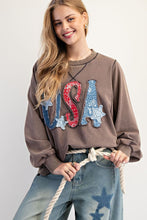 Load image into Gallery viewer, Easel Mineral Washed Terry Knit Top with USA Patches in Mocha