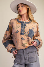Load image into Gallery viewer, Easel Floral Print Mineral Washed Henley Top in Mocha Mousse ON ORDER