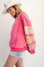 Load image into Gallery viewer, Easel Mineral Washed Terry Knit Top with Contrasting Floral Print Sleeve Patches in Bubble Gum