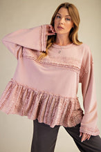 Load image into Gallery viewer, Easel Soft Washed Terry Knit Top with Ruffle Lace Details in Dusty Rose