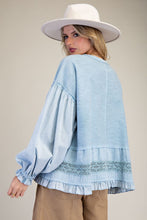 Load image into Gallery viewer, Easel Cotton Top with Mixed Lace Ruffle Hem in Denim Blue