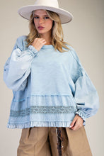 Load image into Gallery viewer, Easel Cotton Top with Mixed Lace Ruffle Hem in Denim Blue