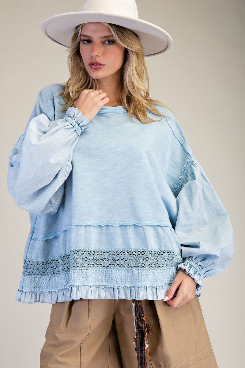 Easel Cotton Top with Mixed Lace Ruffle Hem in Denim Blue – June Adel