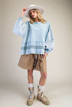 Load image into Gallery viewer, Easel Cotton Top with Mixed Lace Ruffle Hem in Denim Blue