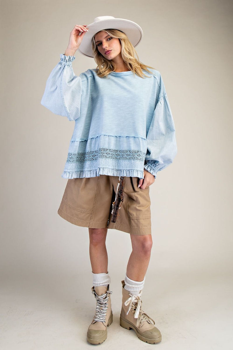 Easel Cotton Top with Mixed Lace Ruffle Hem in Denim Blue – June Adel