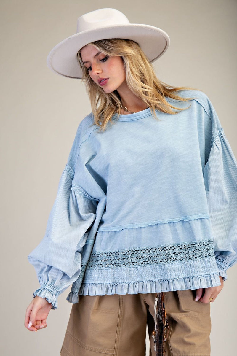 Easel Cotton Top with Mixed Lace Ruffle Hem in Denim Blue – June Adel