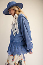 Load image into Gallery viewer, Easel Eyelet Lace Bottom Washed Terry Pullover Top in Blueberry