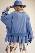 Load image into Gallery viewer, Easel Eyelet Lace Bottom Washed Terry Pullover Top in Blueberry