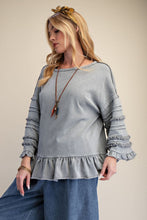 Load image into Gallery viewer, Easel Mineral Washed Terry Knit Ruffle Detailed Top in Dusty Blue