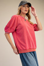 Load image into Gallery viewer, Easel Mineral Washed Terry Knit Banded Striped Detail Top in Boho Red