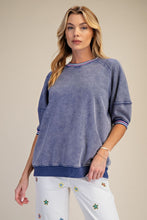 Load image into Gallery viewer, Easel Mineral Washed Terry Knit Banded Striped Detail Top in Washed Denim