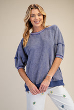 Load image into Gallery viewer, Easel Mineral Washed Terry Knit Banded Striped Detail Top in Washed Denim