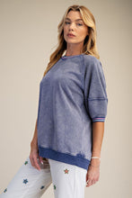 Load image into Gallery viewer, Easel Mineral Washed Terry Knit Banded Striped Detail Top in Washed Denim