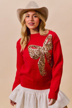 Load image into Gallery viewer, So Me Christmas Holiday Sequin Ribbon Bow Front Sweater in Red/Gold