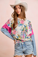Load image into Gallery viewer, BiBi Floral Terry Knit Top with Denim Sleeves in Ivory