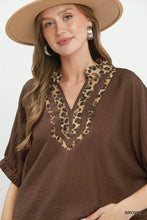 Load image into Gallery viewer, Umgee Leopard Trim Dolman Sleeve Blouse in Brown