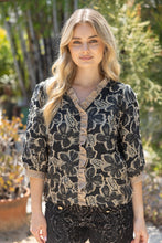 Load image into Gallery viewer, VOY Contrast Ruffled V-neck Floral Textured Top in Tan
