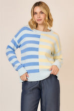 Load image into Gallery viewer, Cozy Co. Half and Half Contrasting Stripe Knit Sweater in Blue