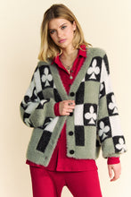 Load image into Gallery viewer, Davi & Dani Front Button Down Cardigan with Checkered & Clover Print in Black Beige FINAL SALE