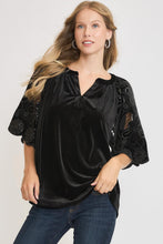 Load image into Gallery viewer, Umgee Velvet Split Neck Top with Floral Lace Sleeves in Black