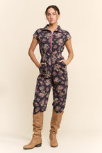 Load image into Gallery viewer, Davi & Dani Floral Print Scuba Zipper Front Jumpsuit in Navy