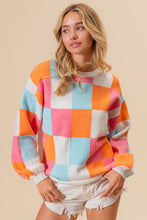 Load image into Gallery viewer, BiBi Multi-Colored Checkered Midweight Sweater in Orange/Pink/Denim