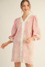 Load image into Gallery viewer, Jodifl Embroidered Pinstripe Ruffle Neck Dress with Lace Detail in Pink