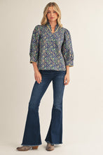 Load image into Gallery viewer, Jodifl Pleated Ruffled Neck Button Down Floral Top in Cobalt Blue