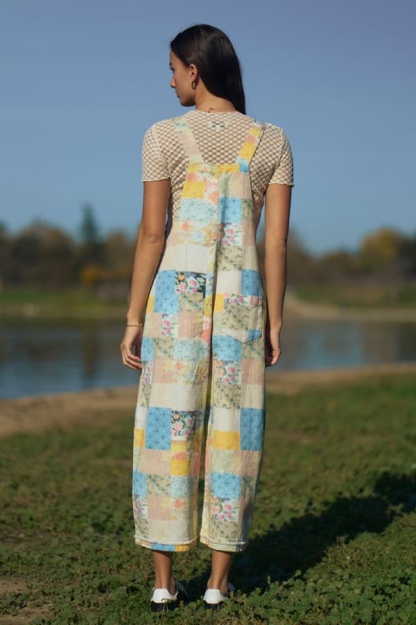 Davi & Dani Flower Patchwork Print Overall in Patchwork Denim