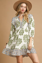 Load image into Gallery viewer, Umgee Damask Print Mini Dress with Ikat Border Print in Olive Mix