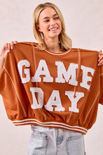 Load image into Gallery viewer, BiBi OVERSIZED French Terry Top with GAME DAY Letter Patchwork Front in Burnt Orange/White