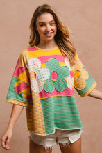 Load image into Gallery viewer, BiBi Mix n Match Stripes Dolman Top with Flower Patches on Front in Honey Combo