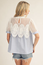 Load image into Gallery viewer, Jodifl Crochet Accent Stripe Blouse in Blue