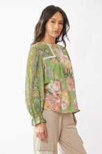 Load image into Gallery viewer, Davi & Dani Mixed Print Peasant Babydoll Top in Sage
