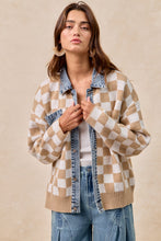 Load image into Gallery viewer, BiBi Sweater Knit Checkered and Denim Trim Jacket in Latte