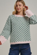 Load image into Gallery viewer, BON Soft Jacquard Geometric Sweater in Green/Blush