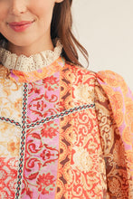 Load image into Gallery viewer, Jodifl Eyelet Ruffled Neckline Baroque Floral Top in Red/Neon Pink