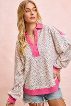 Load image into Gallery viewer, BiBi Floral Print Thermal Faux Button Collar Top in Ivory/Fuchsia