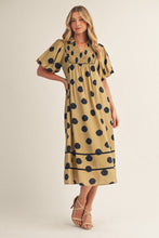 Load image into Gallery viewer, Jodifl Puff Sleeves Polka Dot Midi Dress in Golden Olive/ Navy