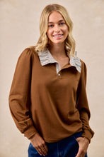 Load image into Gallery viewer, BiBi French Terry Top with Contrasting Striped Ruffle Collar in Dark Mocha