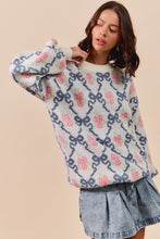 Load image into Gallery viewer, So Me Vintage Ribbon and Floral Knit Sweater in Blue Ribbon