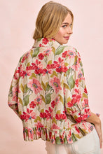 Load image into Gallery viewer, BiBi Floral Print Ruffled Hem Button-Up Quarter Sleeve Top in Floral