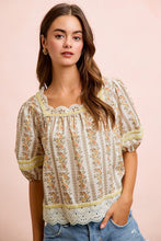 Load image into Gallery viewer, BiBi Floral Stripe Printed Lace Trim Detail Top in Cream