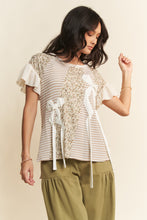 Load image into Gallery viewer, Davi & Dani Waffle Knit Color Block Mixed Print Top with Bow Details in Taupe Mocha