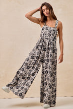 Load image into Gallery viewer, BiBi Mineral Washed Denim Rose Print Wide Leg Jumpsuit in Grey/Black