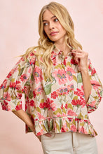 Load image into Gallery viewer, BiBi Floral Print Ruffled Hem Button-Up Quarter Sleeve Top in Floral